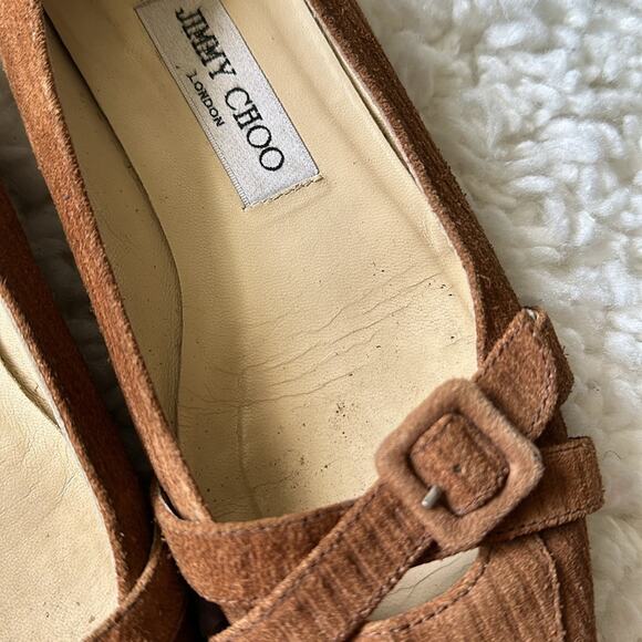 Jimmy Choo Suede Buckle Front Flat Loafers Nice Brown Neutral Textured - Picture 6 of 12